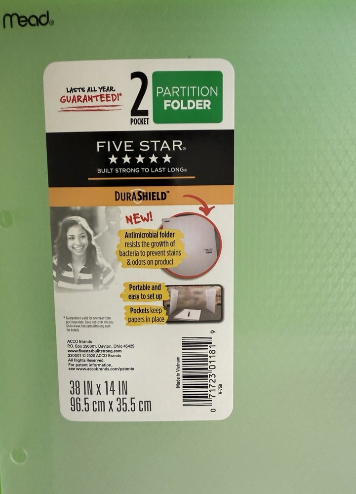 Five Star DuraShield Antimicrobial Partition Folder Clear 2 Pockets NEW 2 Count