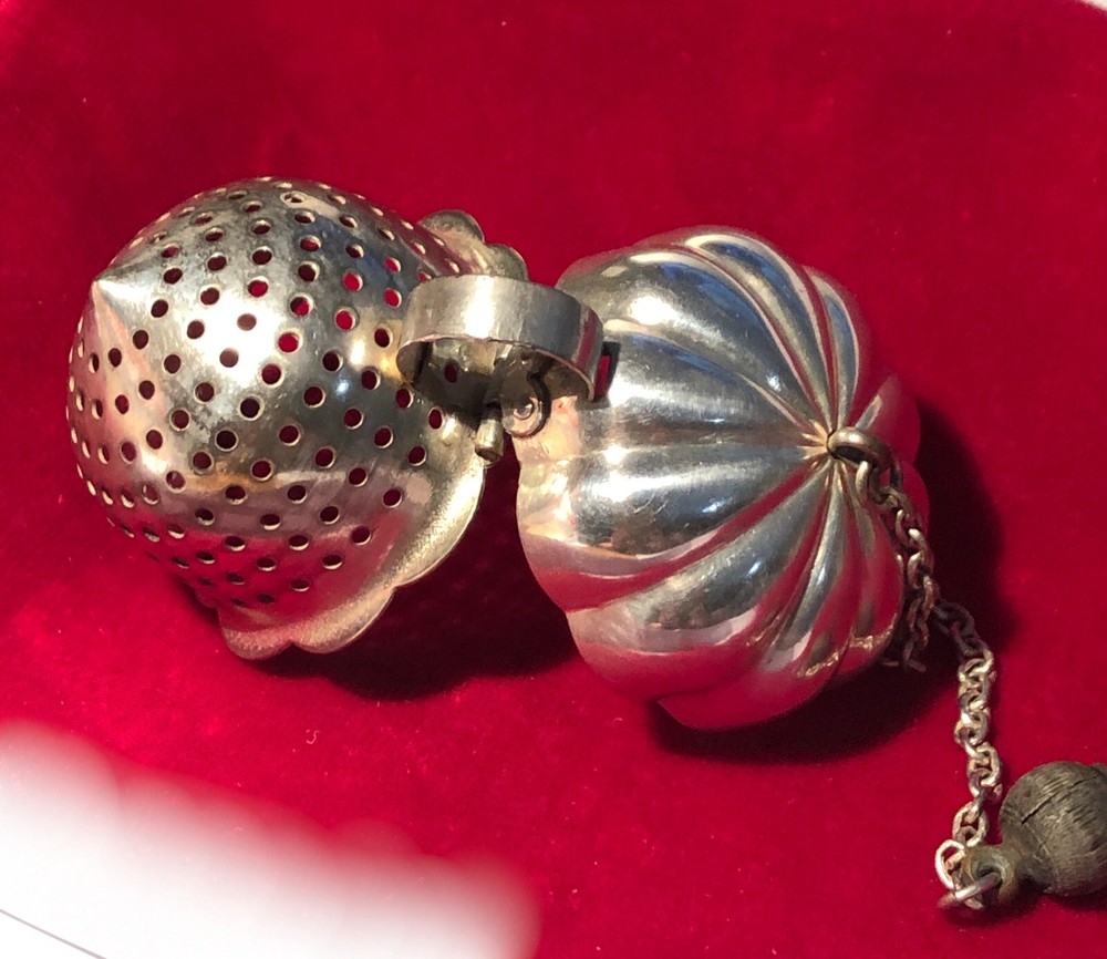 TEA BALL ACORN SHAPE AND TEA STRAINER SILVER PLATE