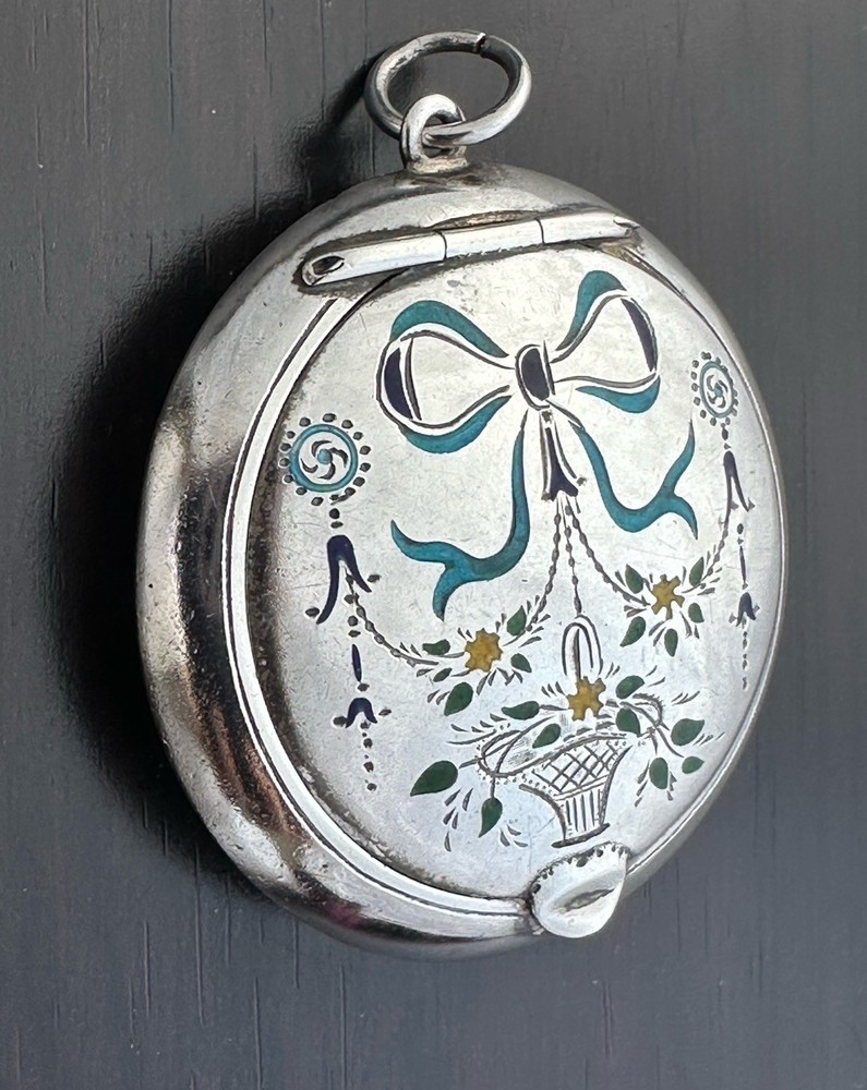 Antique Solid Silver Enamel Rouge Box Pendant c.1920