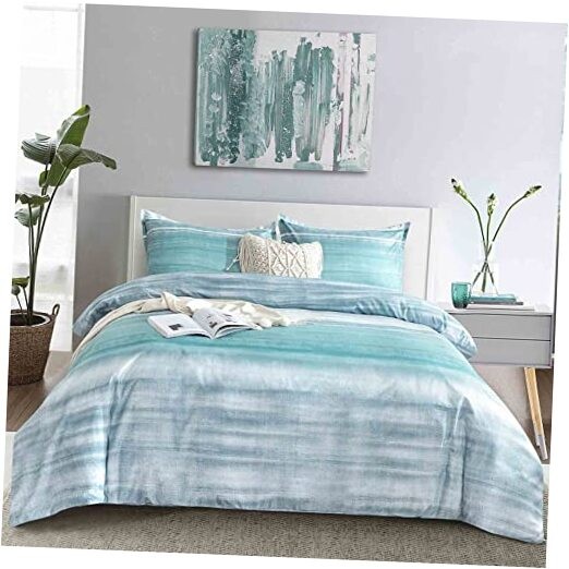 7 Pcs Size Comforter Set with Sheets, King Blue & Grey Striped Comforter Set