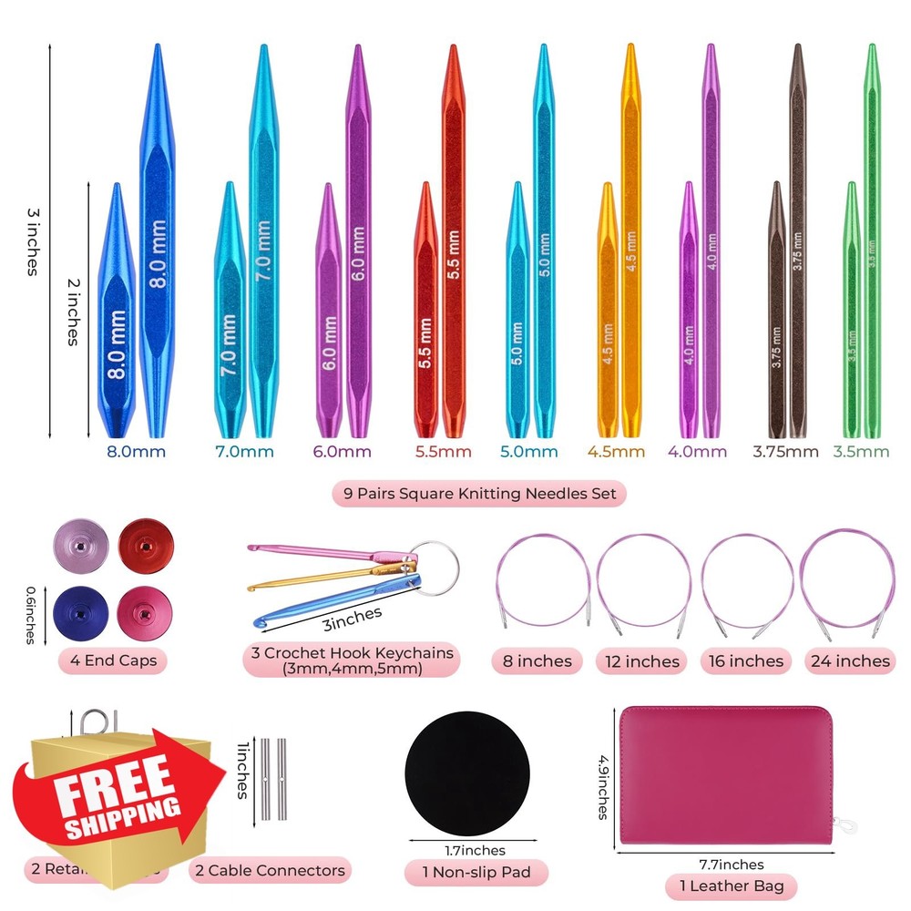 Hobekoee Knitting Needles - Short Interchangeable 9 Pair Square Circular Set