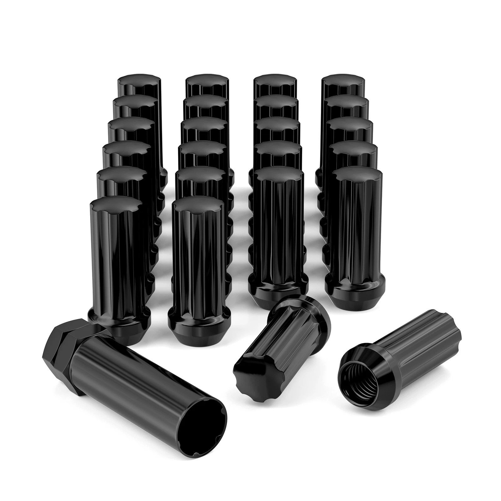 24Pcs+Key 14x1.5 Black 7 Spline Lug Nuts 2" Fits Chevy GMC Silverado Sierra 1500