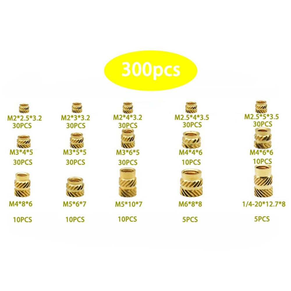 300pcs 7 Models 15 sizes M2-M6 Brass Threaded Inserts for Plastic 3D Printing