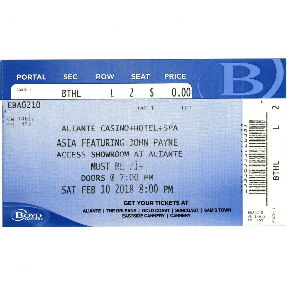 ASIA Concert Ticket Stub LAS VEGAS NV 2/10/18 ALIANTE CASINO HOTEL SHOWROOM Rare