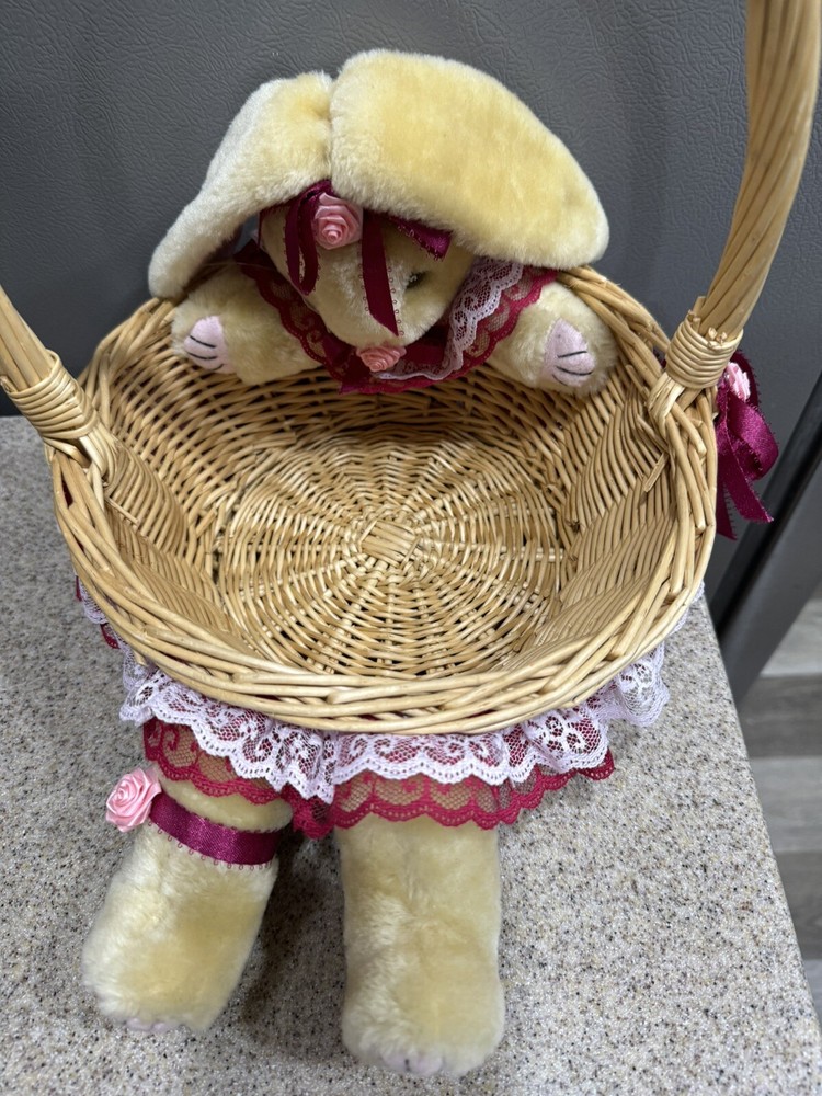 Handmade Stuffed Bunny Rabbit Basket Flowers Lace Easter in EUC
