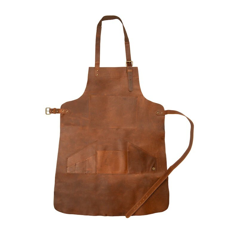 Distressed Multi-Pocket Leather Apron - Brown Full Grain Leather -