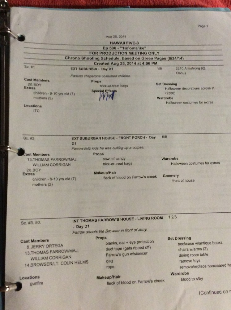 HAWAII FIVE-O ORIGINAL SCRIPT 506 NOTES SCHEDULE + 2014 HO' OMA IKE