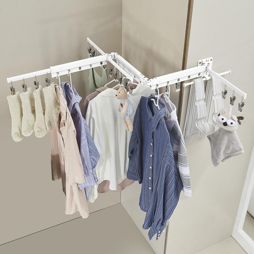 Clothes Drying Rack Retractable Wall Mounted, Tri-Fold Foldable Collapsible L...