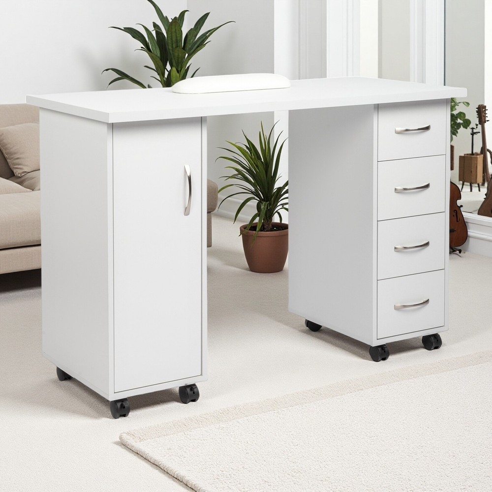Rolling Computer Desk - White, 4-Drawer, Shelves Storage & MDF ​Nail Table​