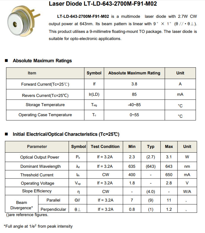643nm 2700mW Red Multimode Laser Diode Linear