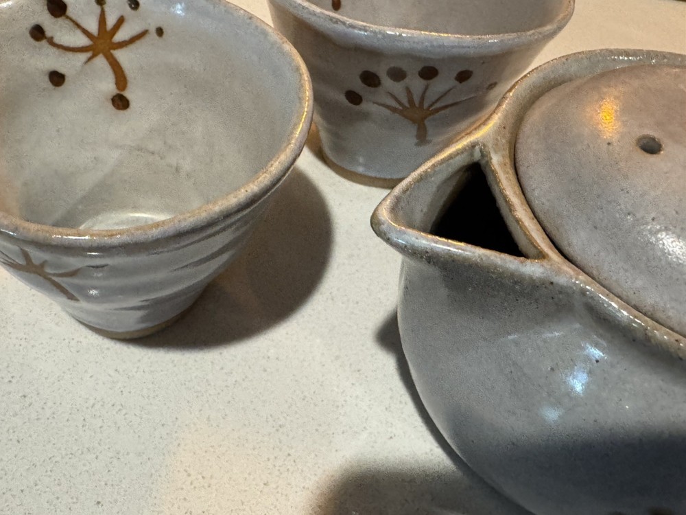Handmade studio Pottery Teapot set with Lid & 2 Cups Rustic Stoneware Neutral
