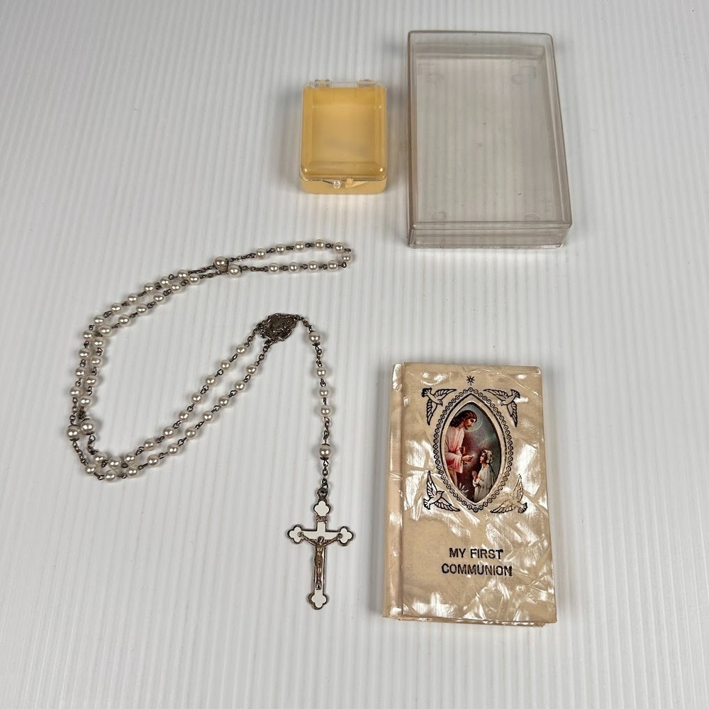 Vintage First Communion Prayer Book and Rosary