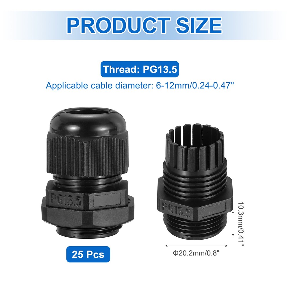 25Pcs Cable Glands 6-12mm Thread Waterproof Adjustable Cable Connector Black