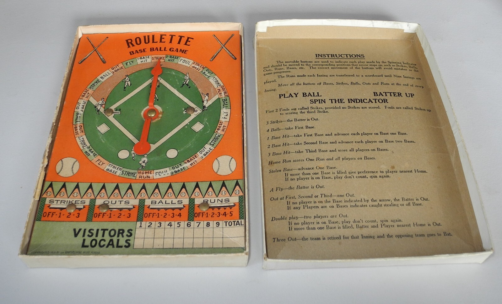 VINTAGE 1930 BASEBALL ROULETTE BOARD GAME BY BAR-ZIM TOY ORIGINAL BOX BASE BALL