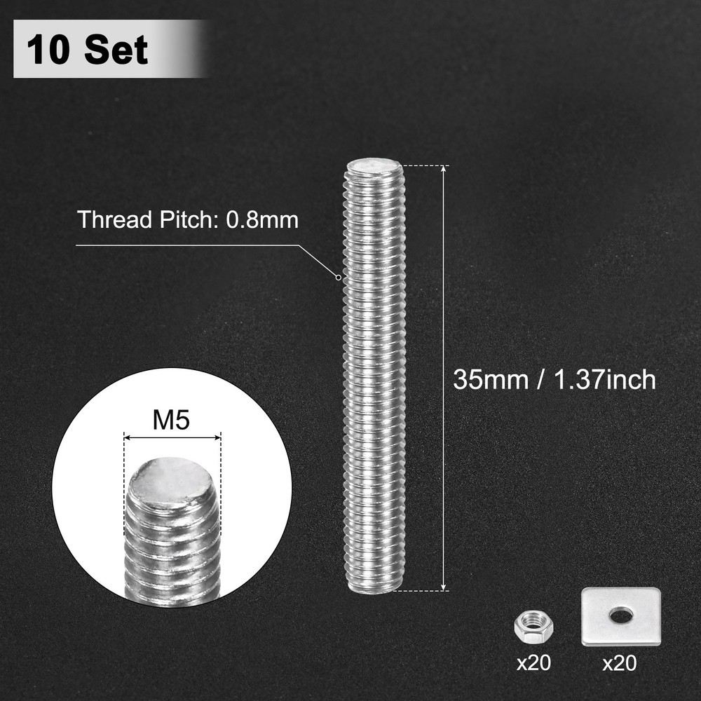 10-Set Fully Threaded Rod, M5x35mm Right Hand Thread Bar Studs with Nuts