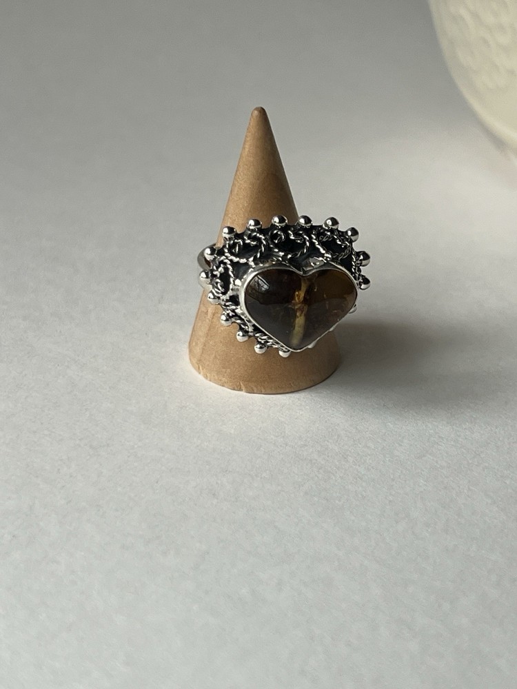 Amber Heart Ring 925 Sterling Silver Adjustable Artisan Statement