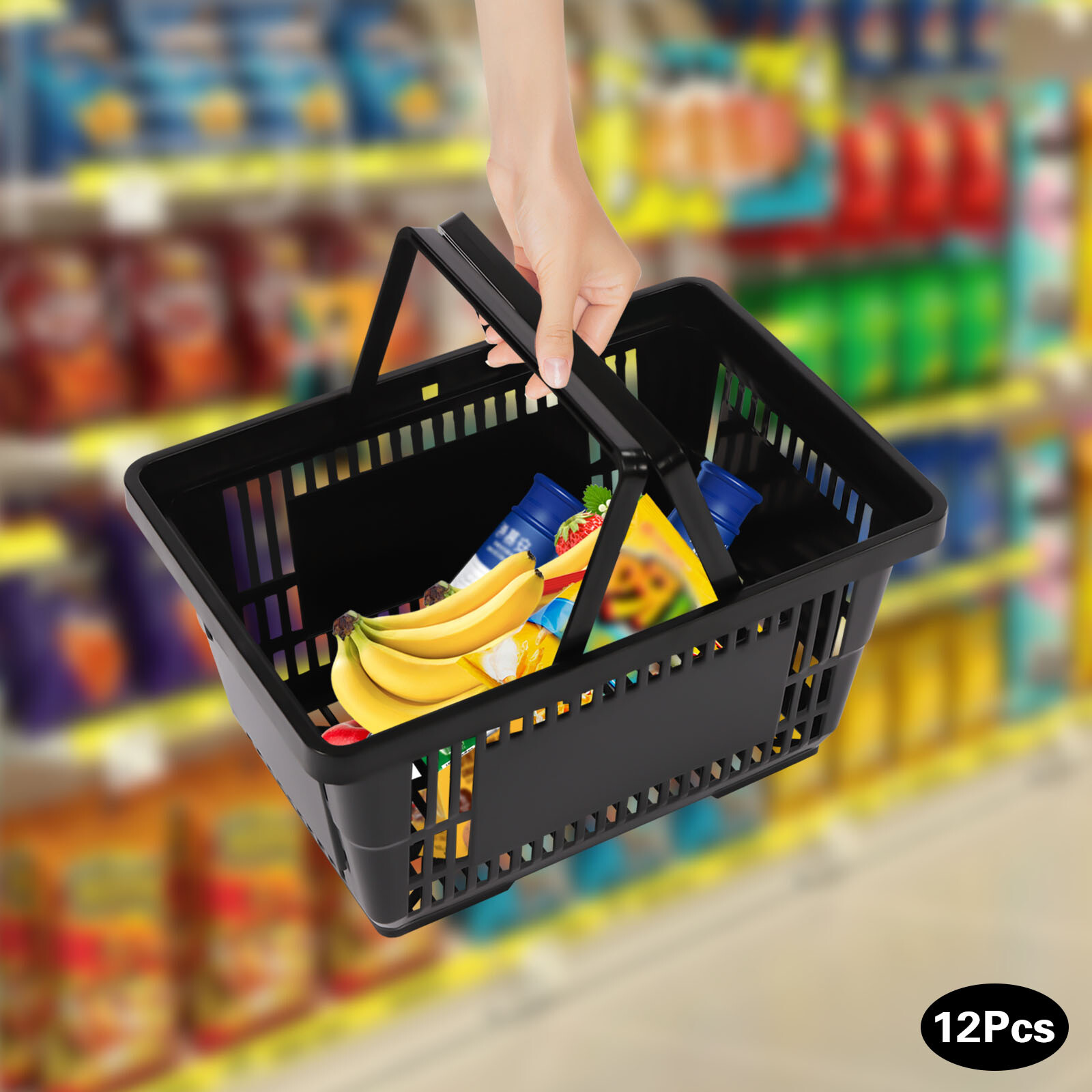 12 PCS Black Plastic Shopping Basket for Market Grocery Retail Store + Handles