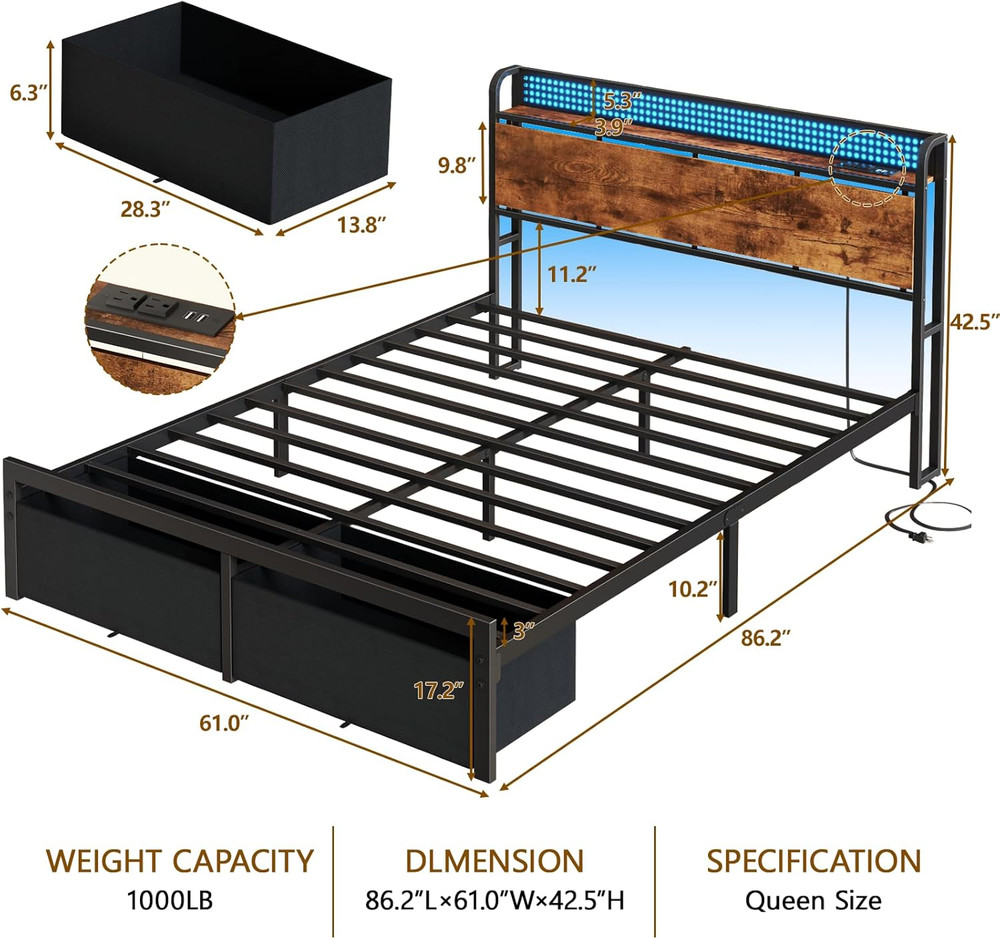 Queen Size Bed Frame with Headboard Storage, Platform Bed Frame Queen Size with