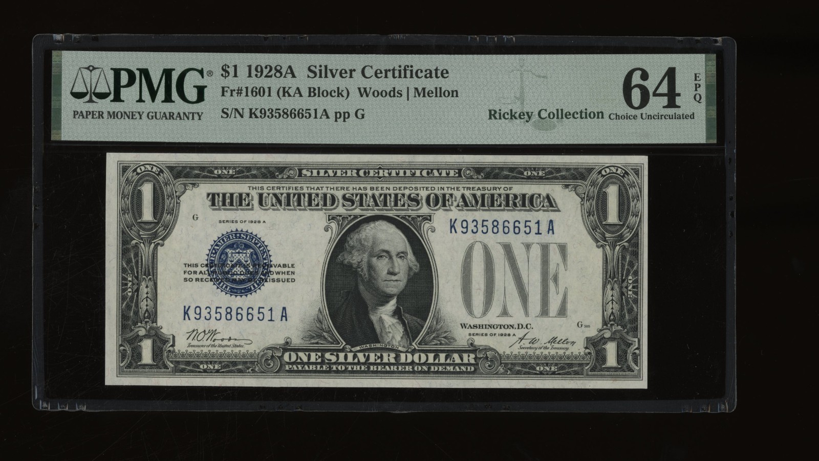 DBR 1928-A $1 Silver Funnyback Fr. 1601 KA Block PMG 64 EPQ Serial K93586651A