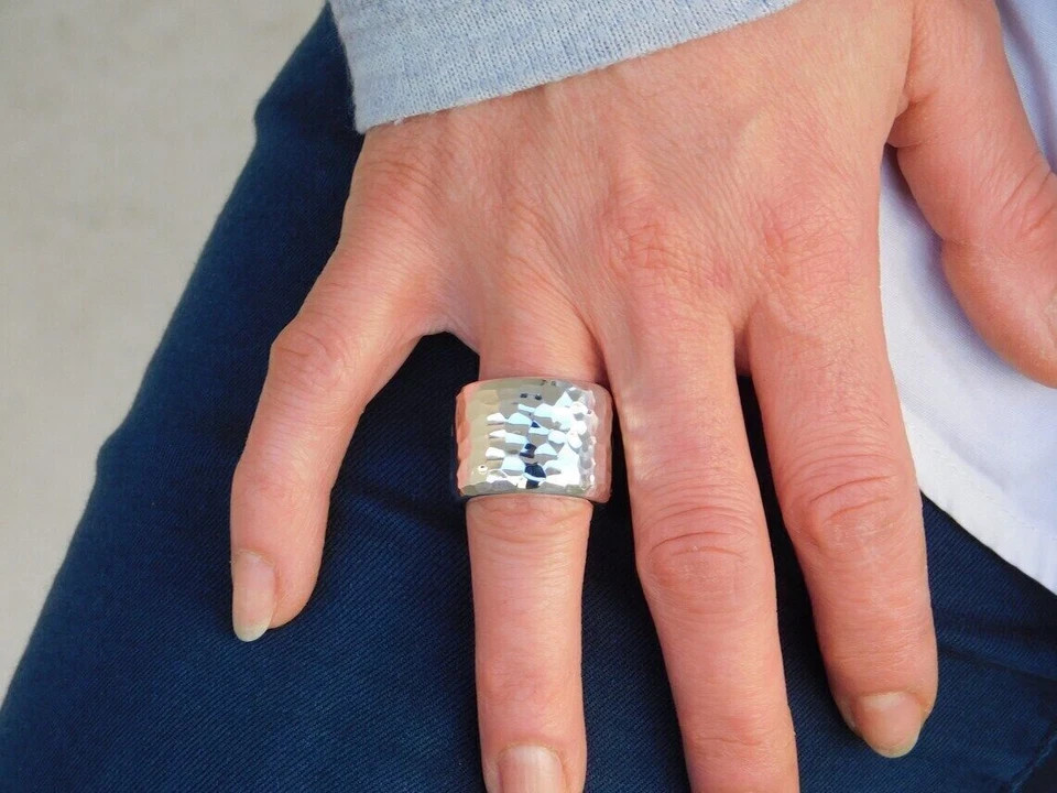 Solid 925 Sterling Silver Hammered Band Ring Statement Handmade Ring All Size