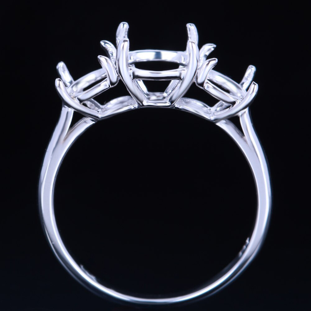 Solid 10K White Gold Three-Stone 8mm&6mm Round Empty Ring Setting