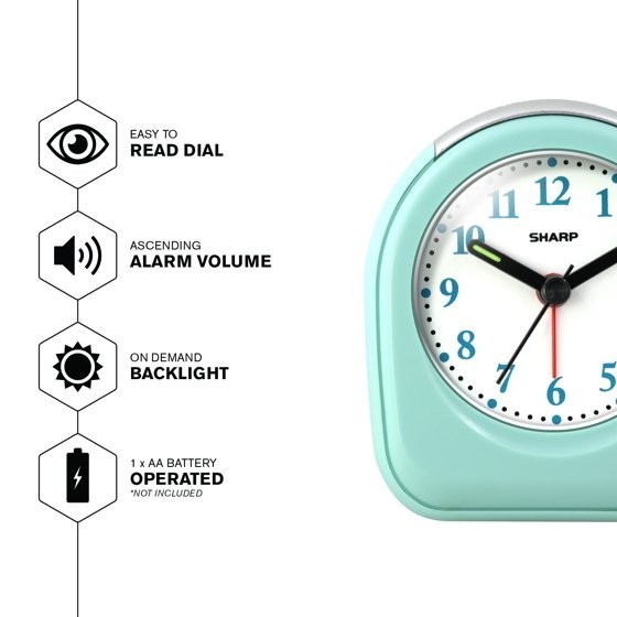 SHARP 2-Pack Mint Small Travel Alarm Clock Battery Operated Quartz Analog