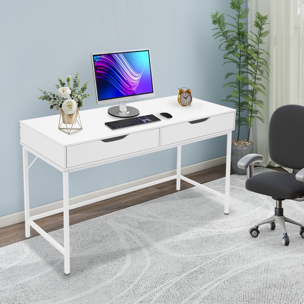 Computer Desk with 2 Drawers & Metal Frame Modern Study Writing Office Table