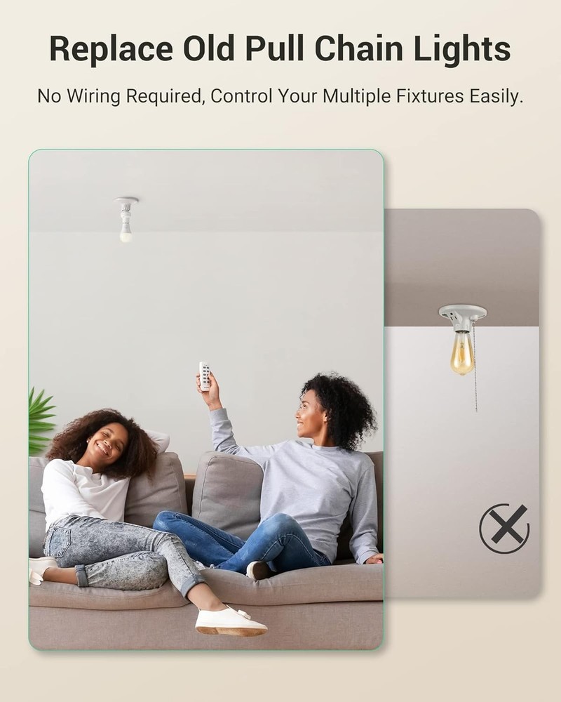 2 Remote + 4 Socket Wireless Light Bulb Socket Switch Kit, ETL Listed