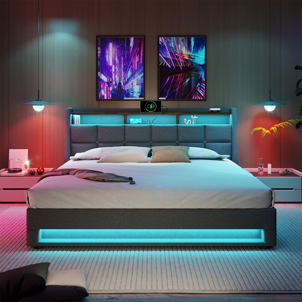 Queen Size LED Platform Bed Frame Linen Upholstered w/ Hydraulic Storage System