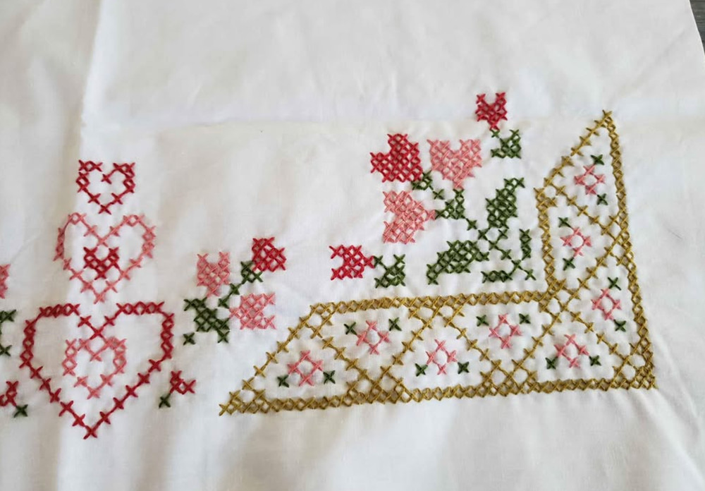 Homemade Pillowcase, cross stitched,