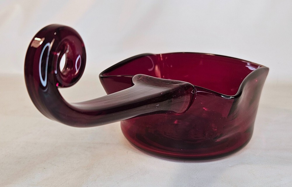 Red Glass Bowl with Handle Handblown Unique Design