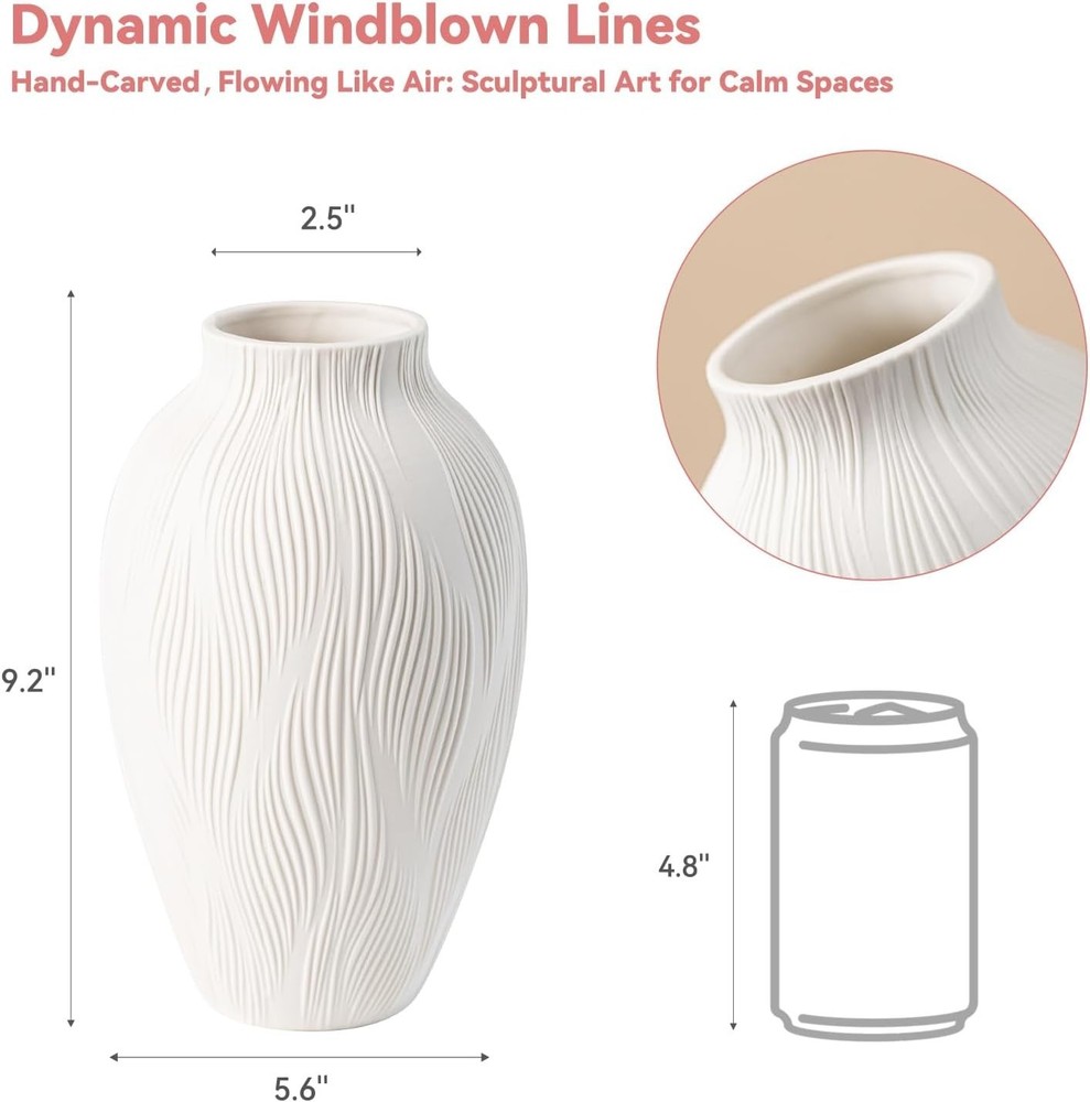 Windblown Texture Vase - White Matte Ceramic with Dynamic Lines, 9.2" Unique Flo