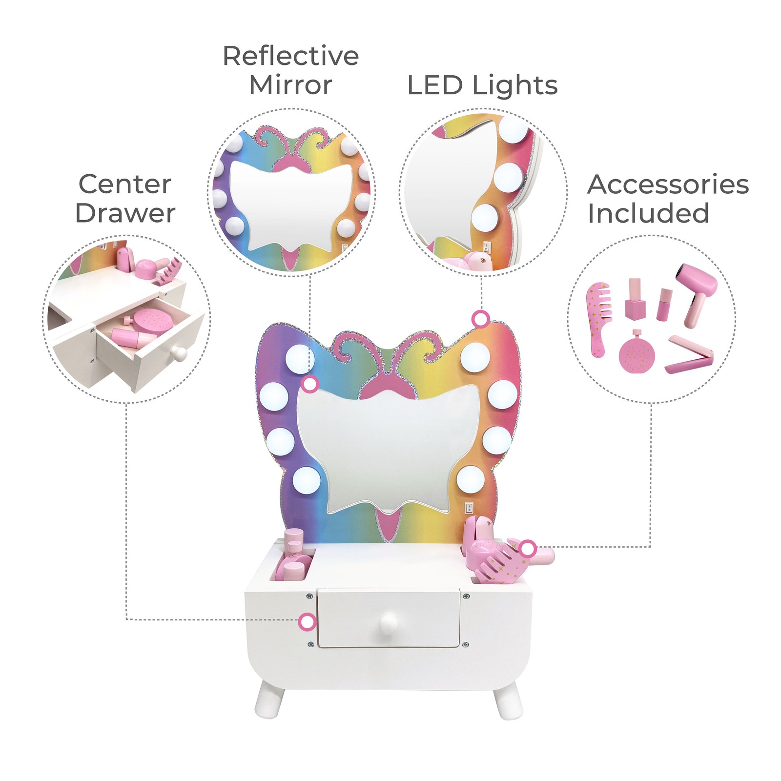Teamson Kids Colorful Butterfly-Shaped Tabletop Vanity with Illuminated Mirror