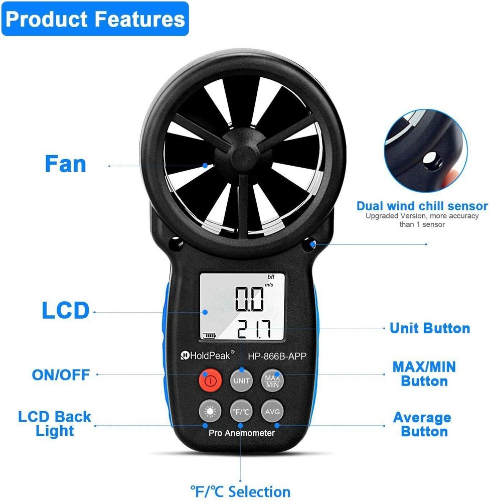 HoldPeak Digital Anemometer Handheld Wind Speed Meter Velocity Indicator Tester