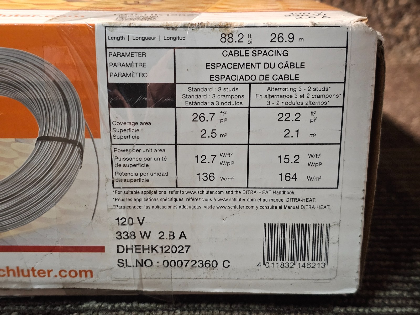 Schluter Ditra-Heat Cable, 120V - 88.2 ft (26.7 SqFt) Heating Cable - DHEHK12027