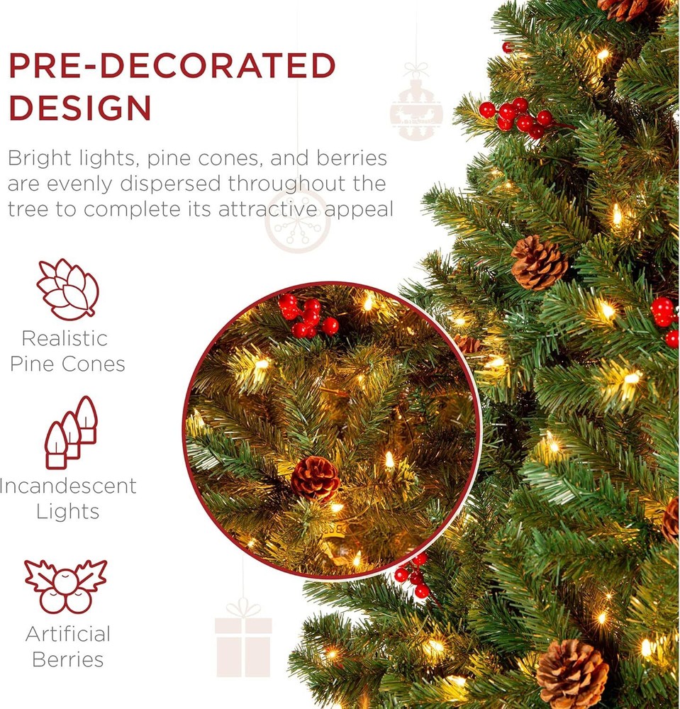 6ft Pre-Decorated Pre-Lit Hinged Artificial Christmas Tree with 798 Tips Spruce