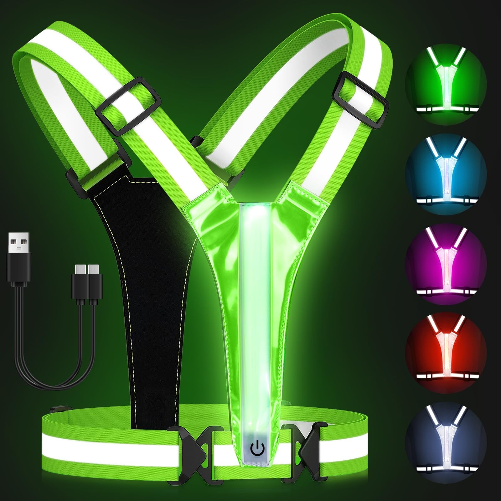 High Visibility Reflective Running Vest 5 Lights Rechargeable Adjustable