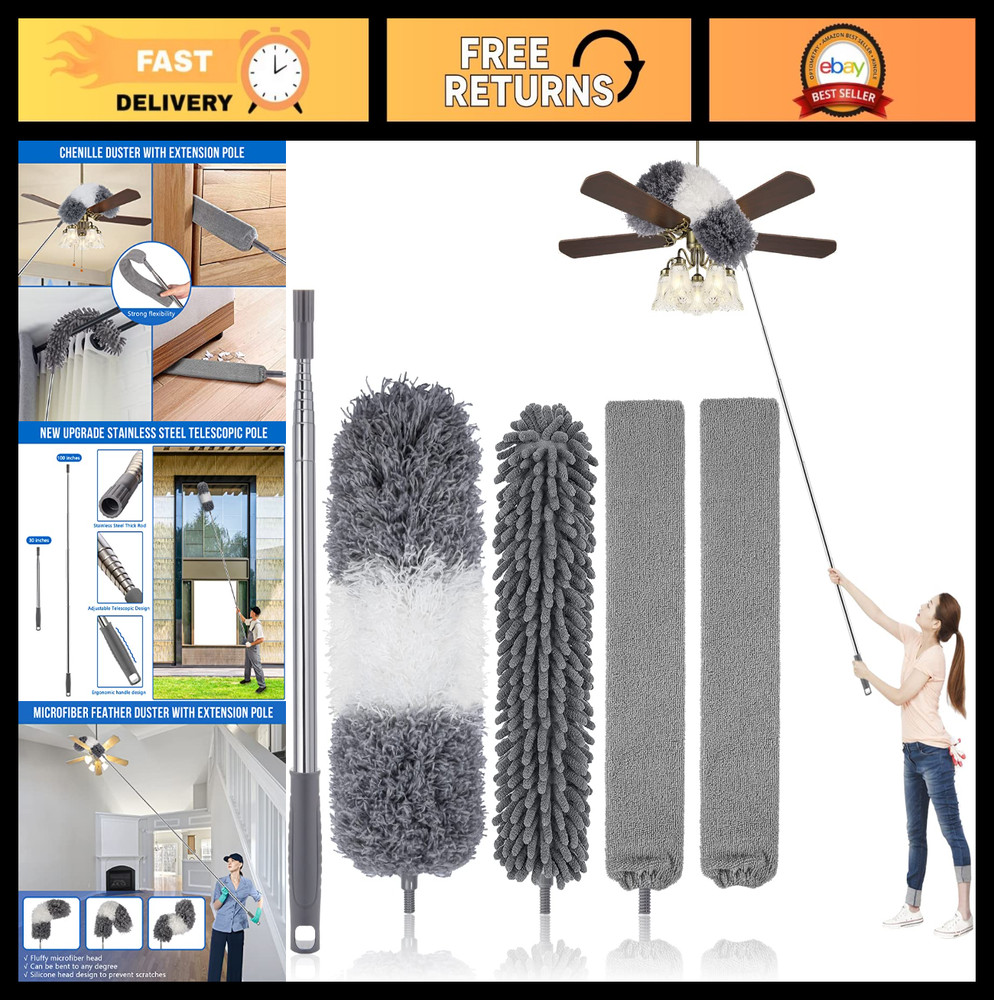 Extendable Microfiber Feather Duster Kit 30-100" - Bendable, Washable, 5 Pcs for
