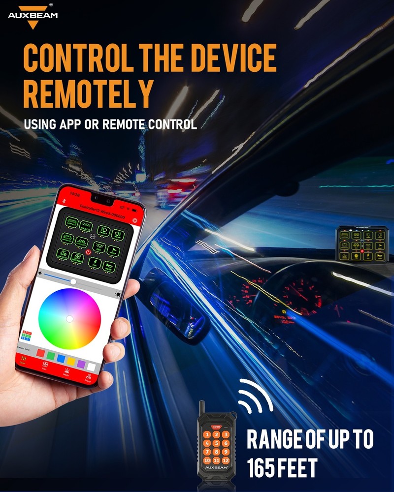 Auxbeam RGB 12 Gang Bluetooth Switch Panel Pod AC-1200 Wireless Remote Control