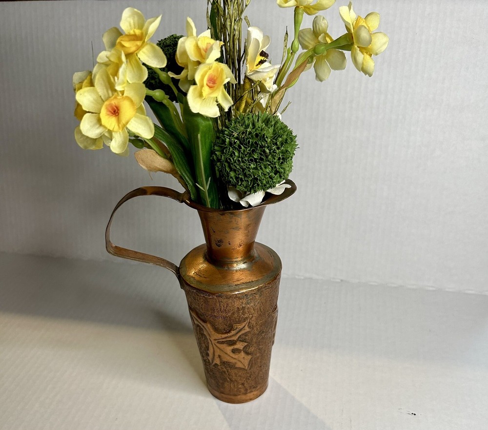 Antique Copper Hand Hammered 7” Pitcher With Stylized Leaf Forms