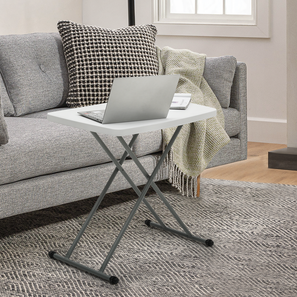 White Folding TV Tray Portable Adjustable Height Sofa Bed Side Table Dinner Desk