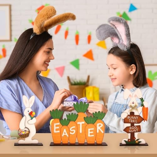 3Pcs Easter Decorations for Home Wooden Bunny Large 3Pcs Easter Wooden Sign