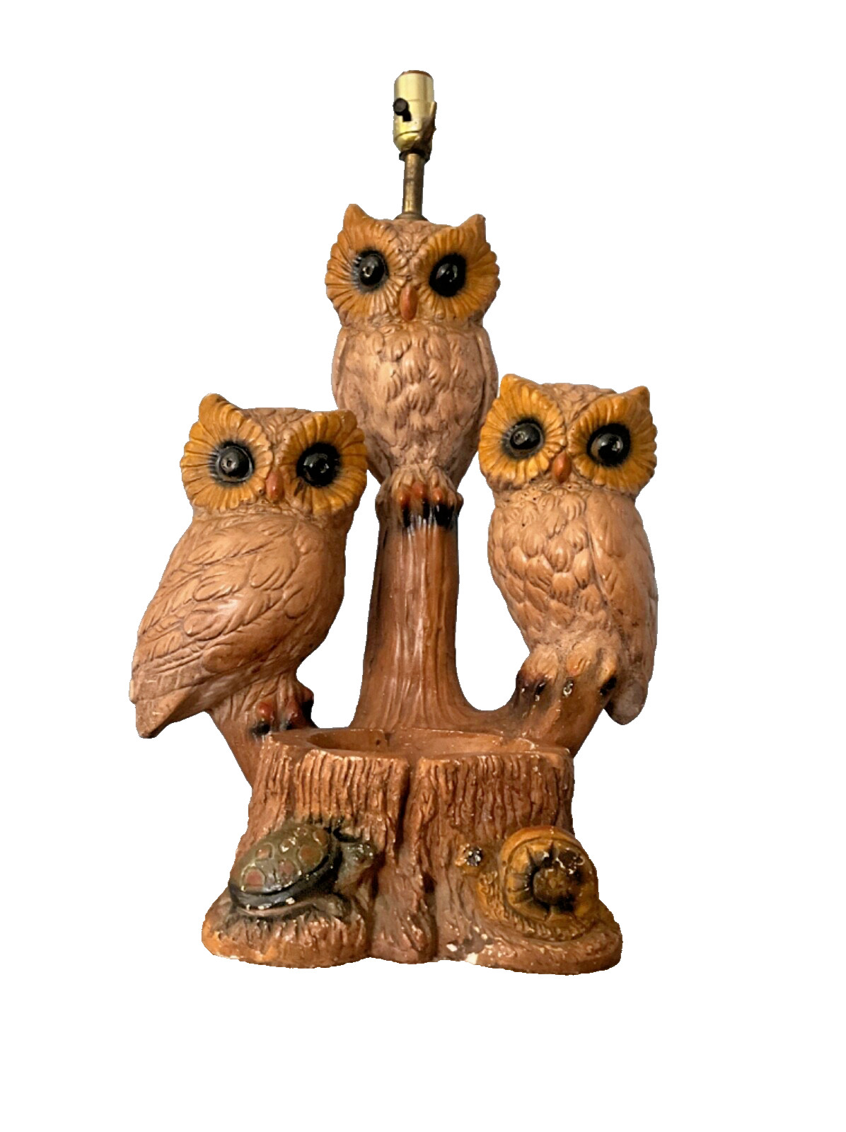 Old Vintage three Owls cabin Table Lamp 2’ tall with ashtray  chalkware working