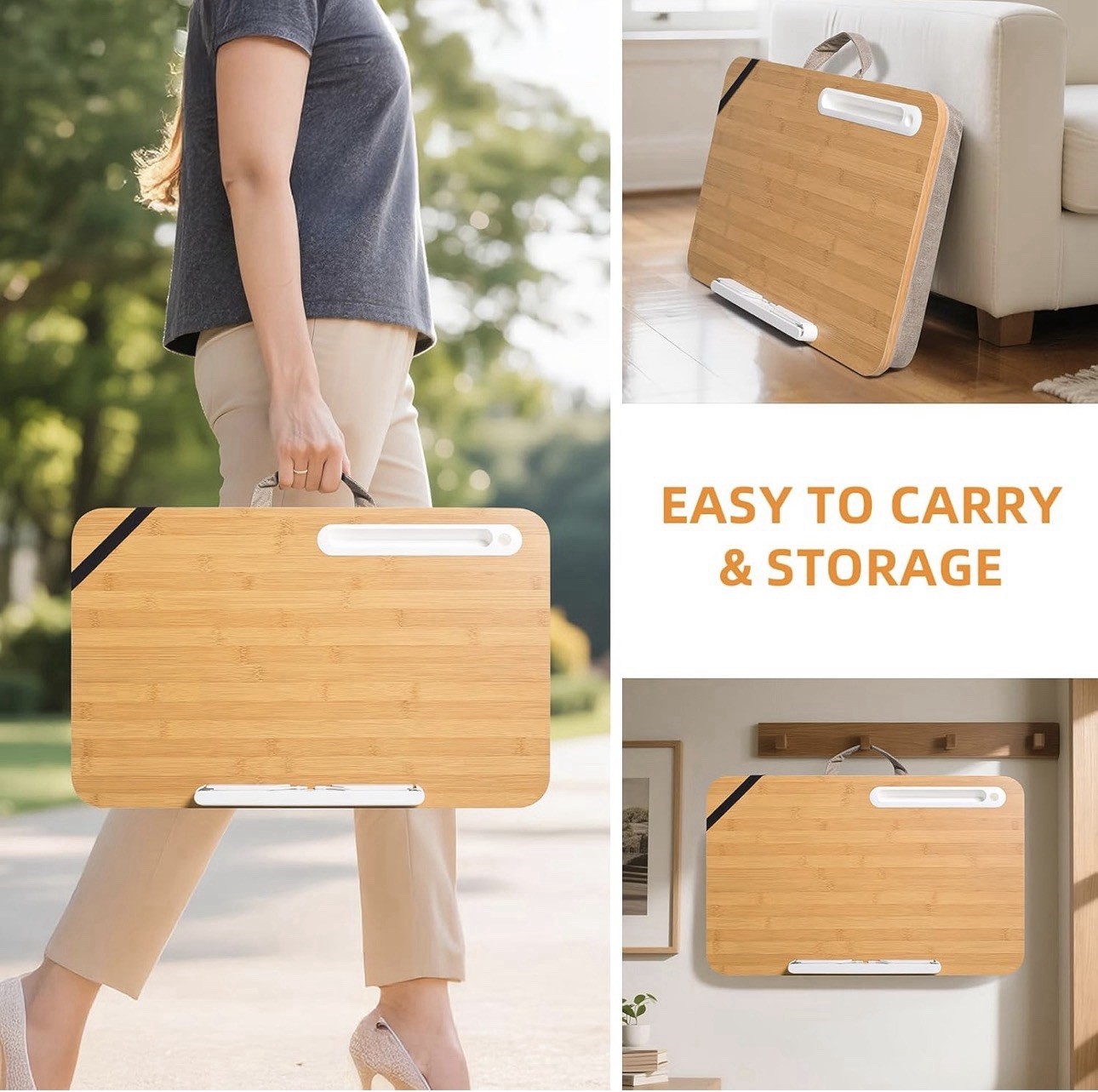 Wishacc Portable Bamboo Lap Desk Laptop Stand Working w/Handle Home Office Wood