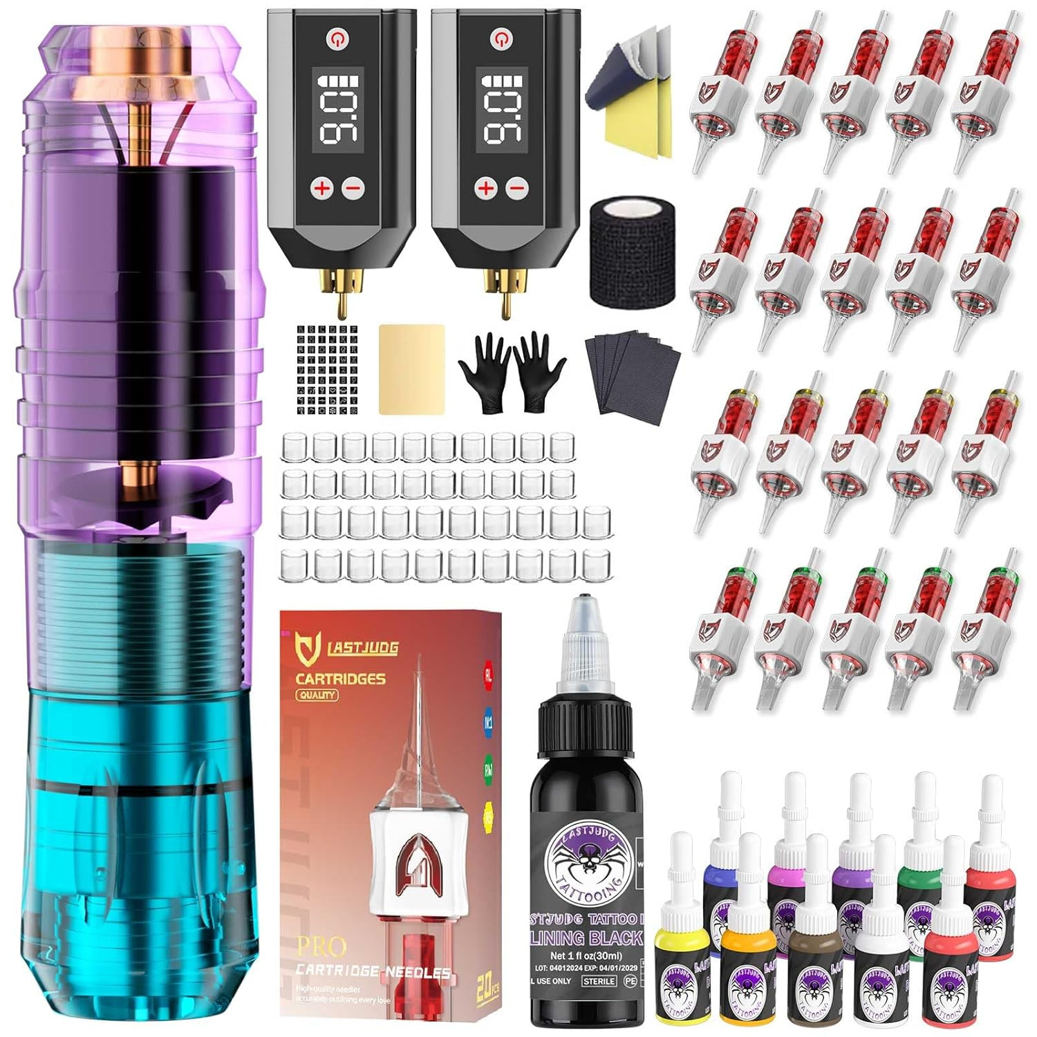Tattoo Pen Kit Wireless with 2Pcs 1500Mah Batteries 11Pcs Inks 20Pcs Finger Ledg