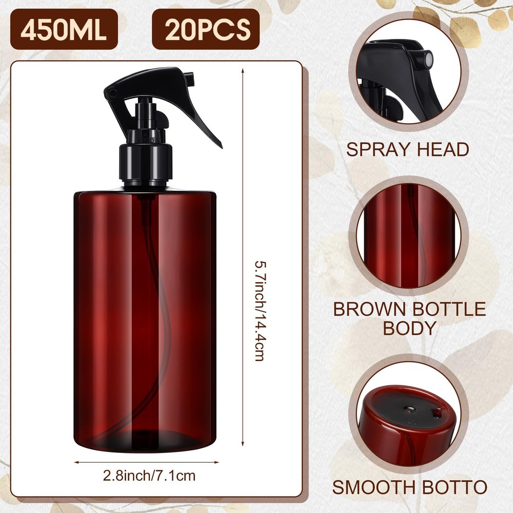 Hsei 20 Pcs 16 oz Amber Spray Bottles Empty Refillable Plastic with...