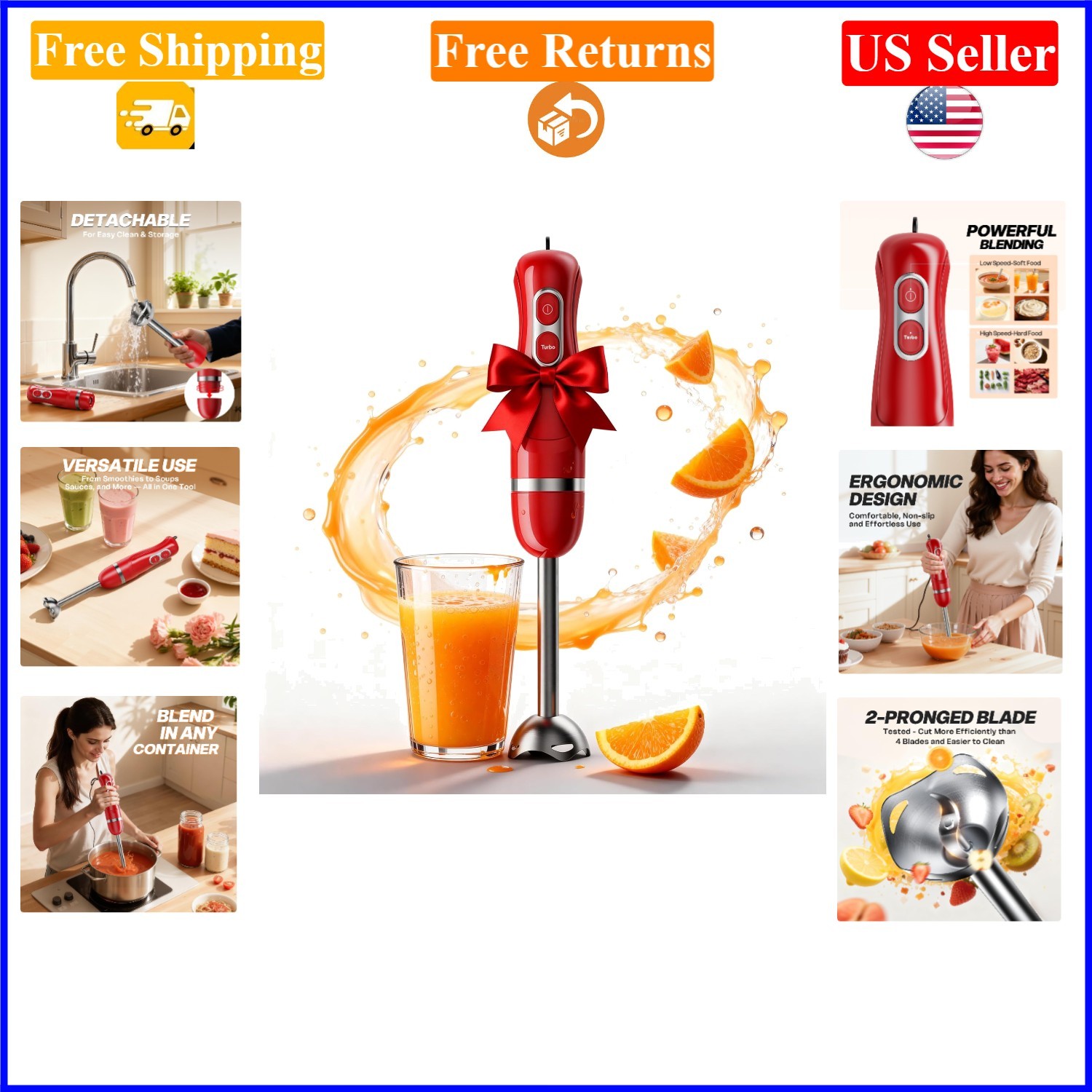 Red Handheld Immersion Blender, 2-Speed, Stainless Steel, Corded