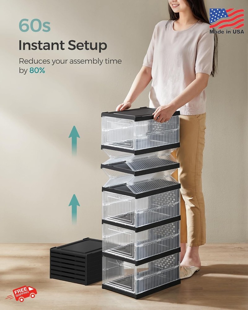 Songmics Foldable Shoe Boxes 18-Pack Stackable Storage Organizer with Clear Door