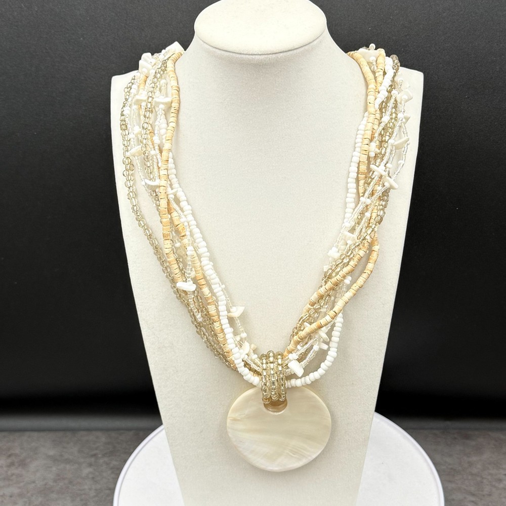 Vintage Cream Shell Disc Multi-Strand Bead Necklace Boho Statement