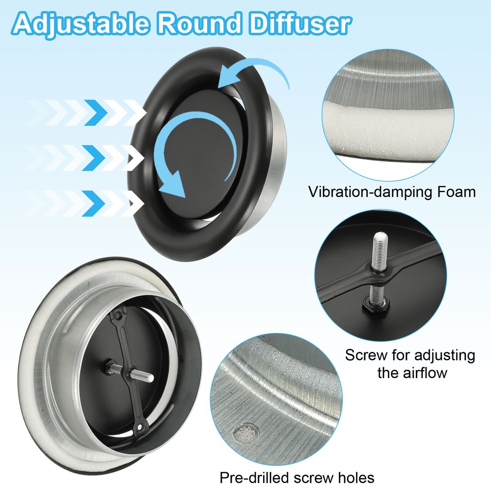 6" Round Ceiling Diffuser 2pcs Metal Adjustable Wall Air Vent Cover Black